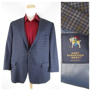 Hart Schaffner Marx Big & Tall Navy Blue Check Plaid Sport Coat Jacket Size 52R
